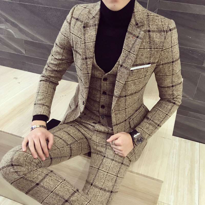 男士西服套装三件套韩版修身英伦休闲潮新郎结婚礼服格子小西装男