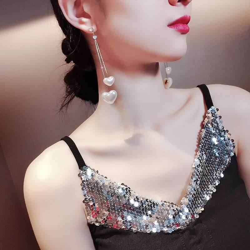 韩版时尚流苏珍珠爱心耳钉耳环女式气质超仙长款耳钉直销