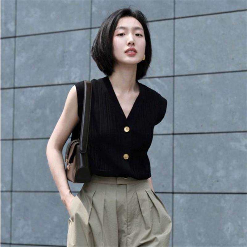 潮冰丝针织开衫新款马甲女无袖金扣宽松背心薄款上衣款夏法式复古