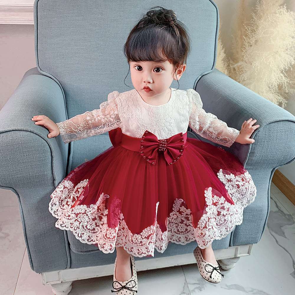 亚马逊外贸婴幼儿蕾丝镂空公主裙蝴蝶结baby dress周岁礼服裙