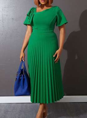 D231欧美女装2024夏季新款气质收腰显瘦荷叶边短袖压褶外贸连衣裙