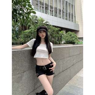 黑色低腰性感牛仔超短裤女夏季小个子热裤设计感小众直筒阔腿裤子
