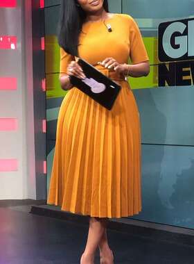 D028 dress外贸女装2024夏短袖高腰黄色百褶裙非洲大码欧美连衣裙