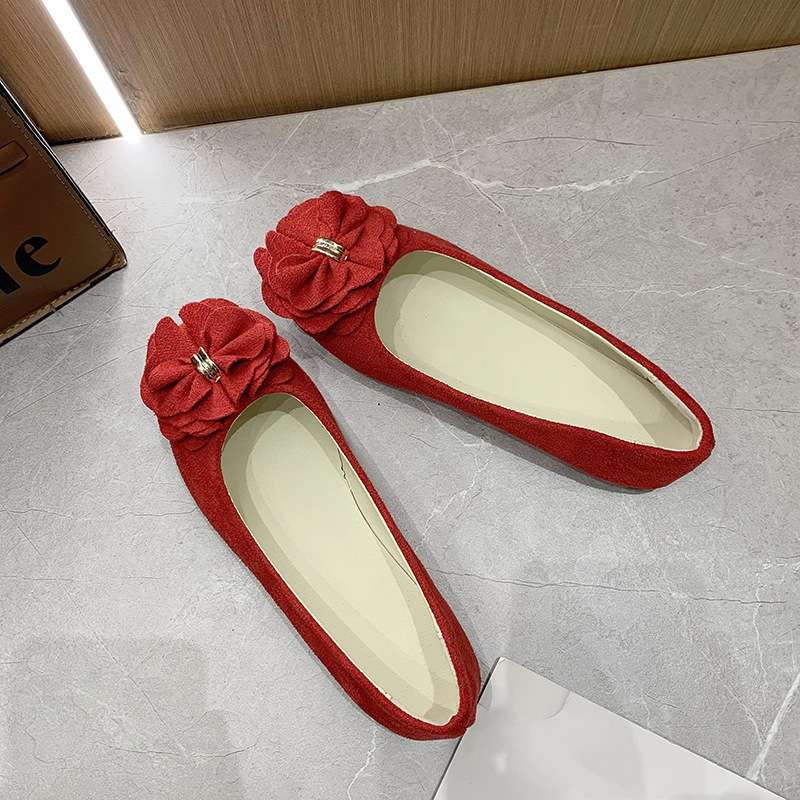 2024单鞋女尖头浅口平底鞋韩版花朵女鞋绒面舒适女鞋多色大码外贸