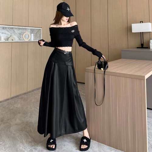 复古pu半身长裙女2023秋季新款时尚百搭高腰显瘦大摆垂感休闲长裙