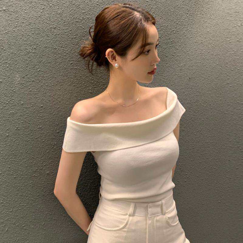修身小性感条纹短袖夏季气质针织衫上衣女露肩chic韩国一字领显瘦