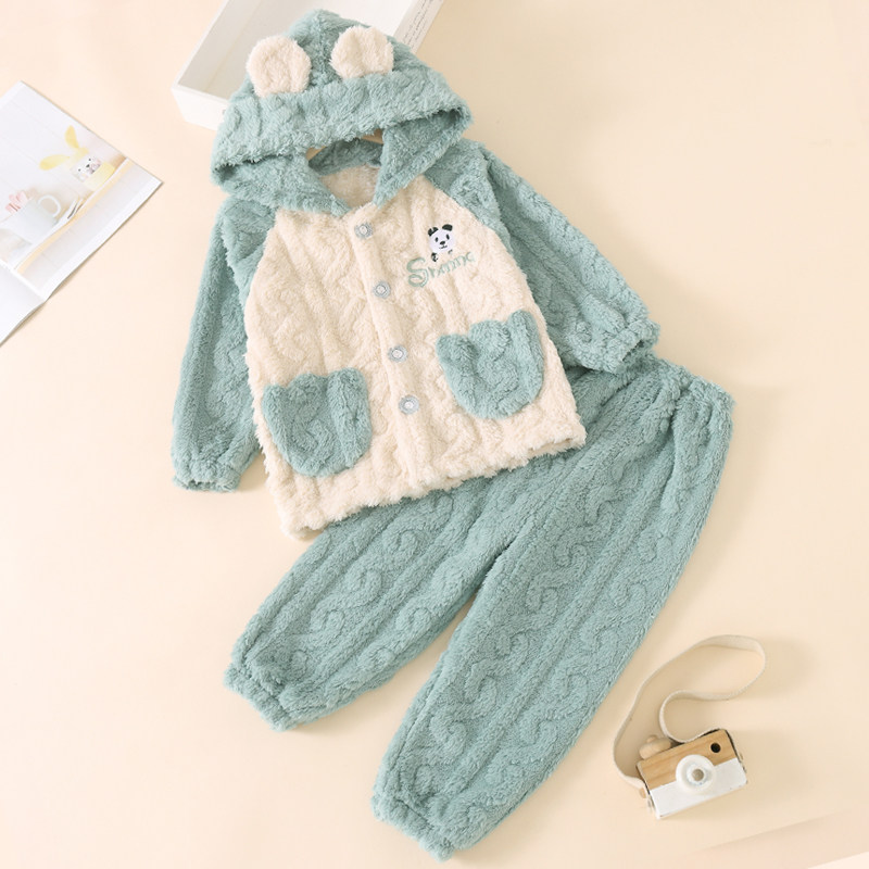 秋冬季儿童睡衣男童女童法兰绒带帽可外穿加厚珊瑚绒男孩宝宝套装