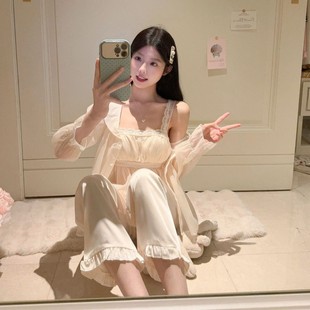 宫廷风带胸垫丝绸三件套睡衣女吊带开衫长裤公主风经济纠纷套装