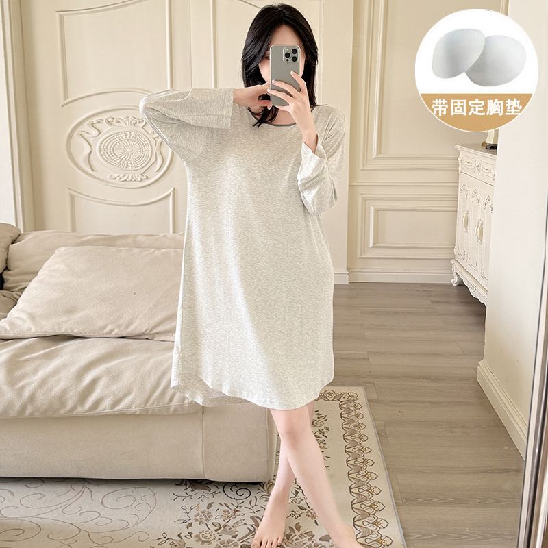 春秋季莫代尔长袖睡裙女带胸垫一体简约纯色慵懒风短裙睡衣连衣裙