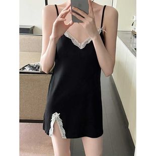 夏季薄款纯棉吊带睡裙女韩版带胸垫一体纯欲风短款开叉睡衣连衣裙
