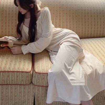 保暖双面海岛绒长袖睡裙女