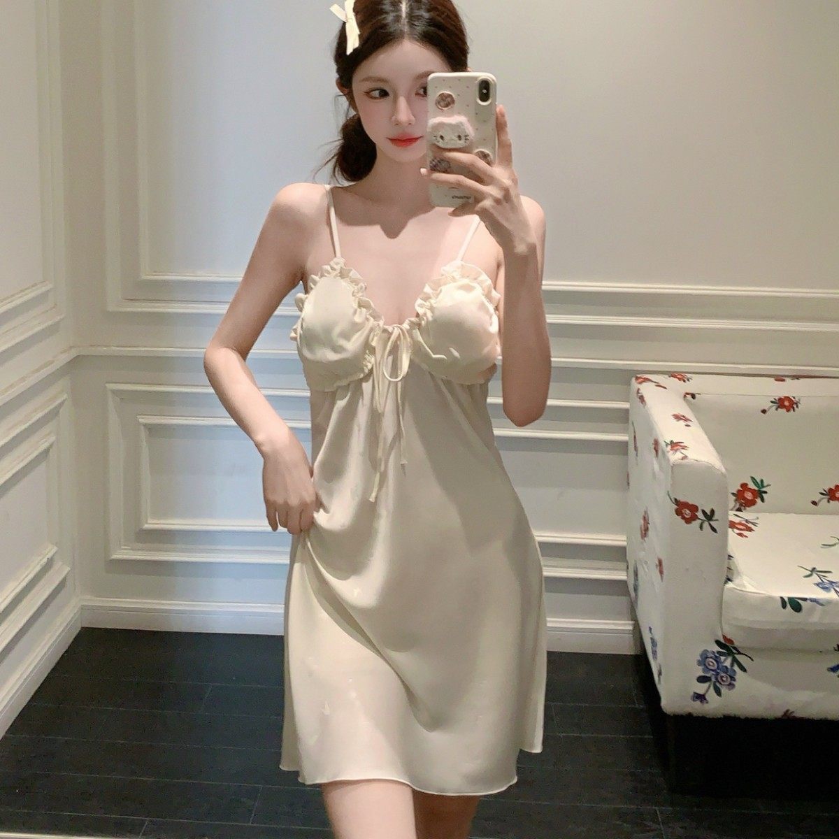 公主风薄款冰丝吊带睡裙女夏季带胸垫纯欲性感甜美休闲睡衣连衣裙