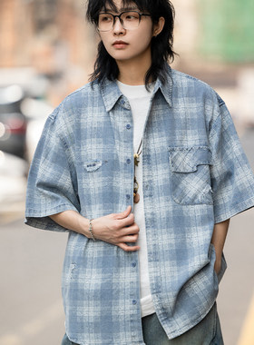 弎狸TIP 夏季日系复古水洗格子牛仔短袖衬衫男女宽松休闲半袖衬衣