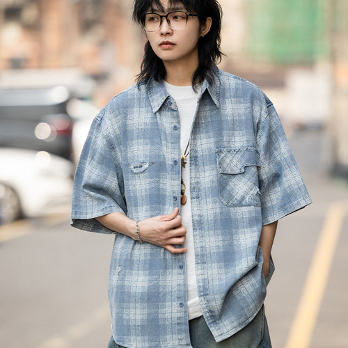 弎狸TIP 夏季日系复古水洗格子牛仔短袖衬衫男女宽松休闲半袖衬衣
