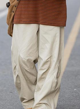 弎狸TIP 日系复古褶皱拼接弯刀裤男女宽松百搭设计感工装休闲裤潮