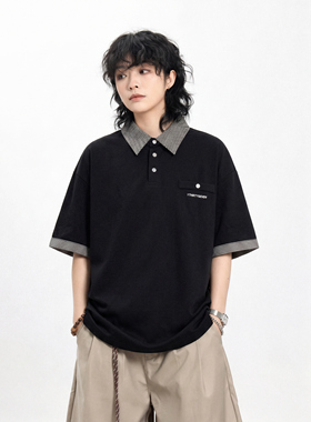 弎狸TIP假两件格纹翻领短袖polo衫男夏季宽松休闲短袖刺绣T恤上衣