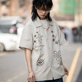 夏季 复古图腾插画短袖 衬衫 弎狸TIP 男女潮牌宽松情侣休闲半袖 衬衣