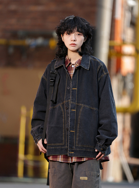 弎狸 TIP  春秋日系复古明线黑色牛仔夹克男女百搭长袖衬衫外套潮