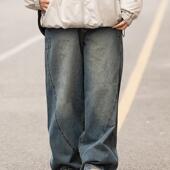 男女宽松弯刀剪裁休闲裤 复古水洗高街浅蓝拖地牛仔裤 美式 弎狸TIP