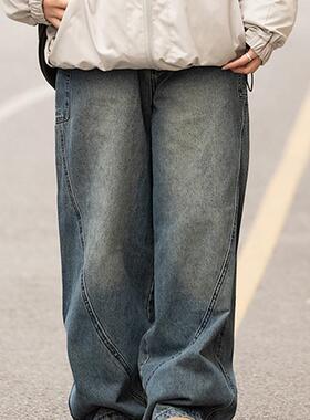 弎狸TIP 美式复古水洗高街浅蓝拖地牛仔裤男女宽松弯刀剪裁休闲裤