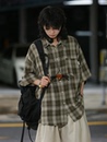 森系短袖 新款 工装 潮 衬衫 日系五分袖 弎狸TIP 复古格子衬衣男女夏季