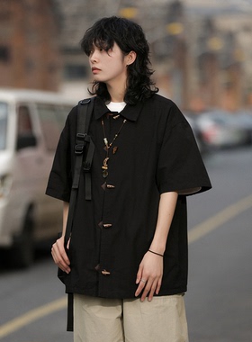 弎狸TIP 宽松百搭夏男装牛角扣短袖衬衫男士唐装新中式汉服衬衣潮