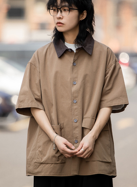 弎狸TIP 夏季复古撞色领灯芯绒宽松休闲短袖衬衫男女复古休闲衬衣