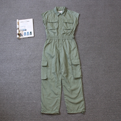 加州牛仔女装 翻领暗扣 工装多口袋无袖收腰连体裤we shi todayD8