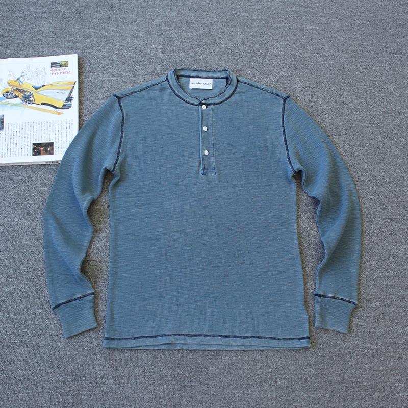 乐福佬仁双啊男装 靛蓝华夫格亨利领纯棉长袖T恤we shi today 24