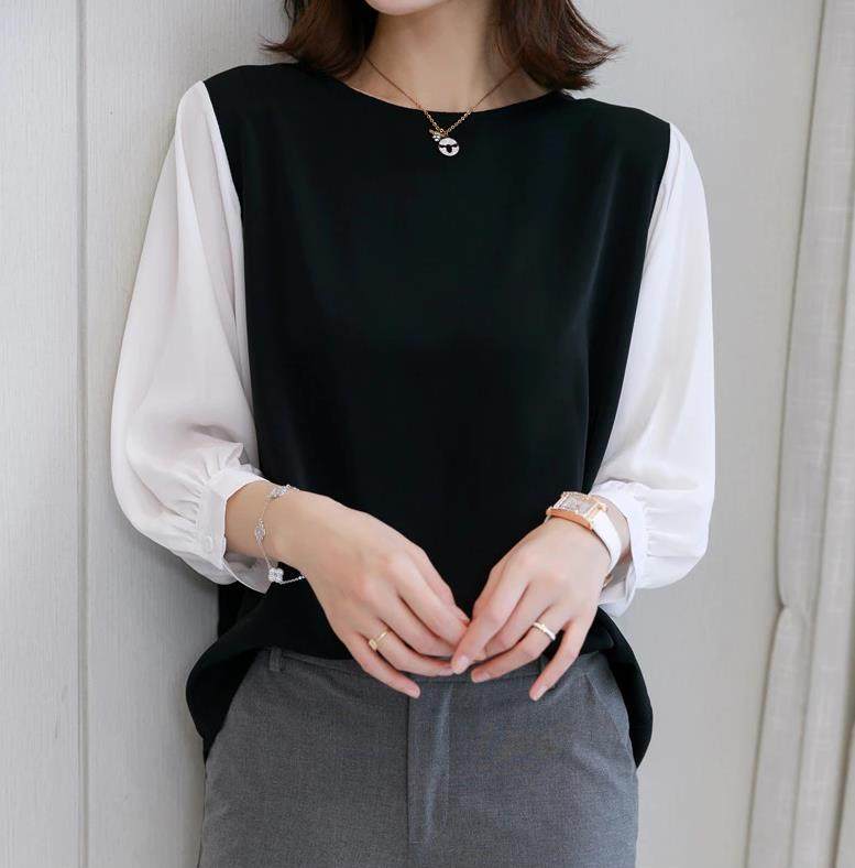 韩版港味通勤OL夏季新款圆领条纹拼接宽松假两件蝙蝠袖T恤上衣女