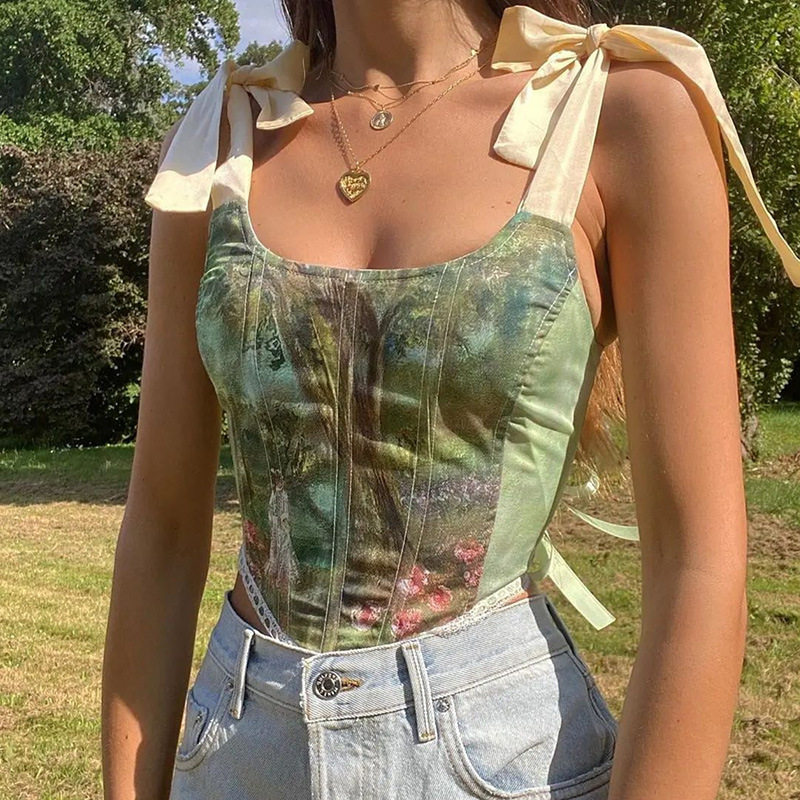 y2k vintage aesthetic printed lace up camisole women tank to