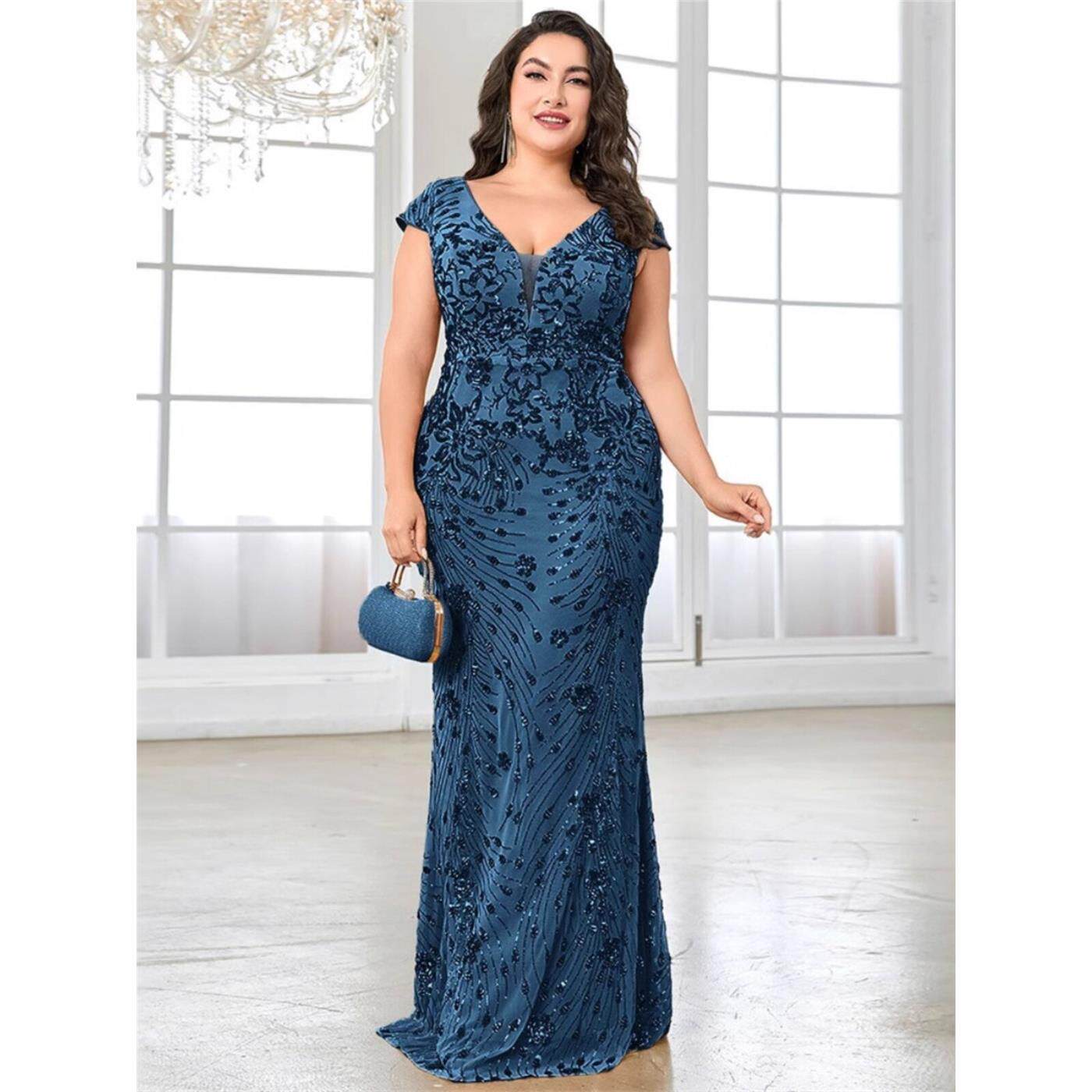 欧美大码亮片晚礼服宴会修身长款敬酒连衣裙PlusSize Party Dress
