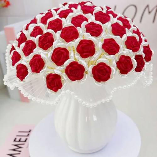 女神节植绒玫瑰花材料包DIY520手工编制串珠七夕礼物玫瑰花送彩灯