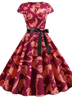 L9101跨境外贸复古圆领包袖鬼怪黑丝带大摆连衣裙