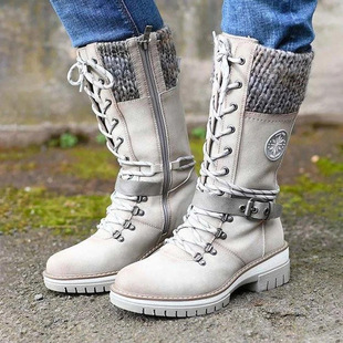 2026 shoes women跨境大码中筒女靴冬季新款圆头方跟皮扣毛线拼接