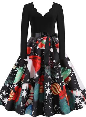 C5538外贸工厂圣诞赫本复古女装冬季烧花V领长袖印花大摆连衣裙
