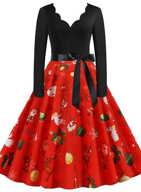 C5520跨境女装圣诞节欧美风复古烧花V领长袖修身印花大摆连衣裙