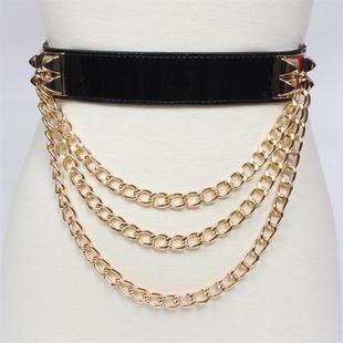 朋克铆钉金色链条个性百搭时尚女士松紧宽腰带金属腰封漆皮韩版v