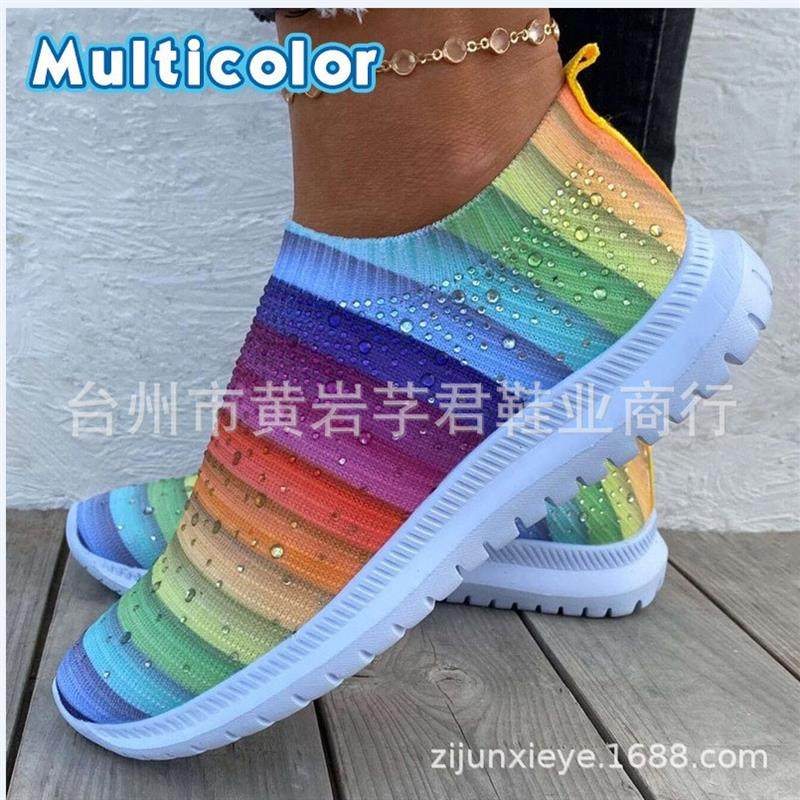 2022新款外贸大码烫钻一脚蹬运动鞋透气飞织网面水钻鞋亚马逊,女鞋,时尚休闲鞋,淘宝优惠券,粉丝福利购,淘宝优惠卷