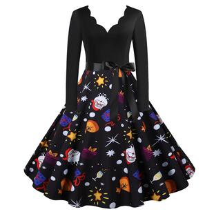 烧花V领长袖 冬季 印花大摆连衣裙 外贸工厂圣诞赫本复古女装 C6038