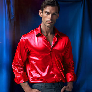 2026 men clothes2026跨境春秋男装男士缎面夜店风纯色亮面潮流长