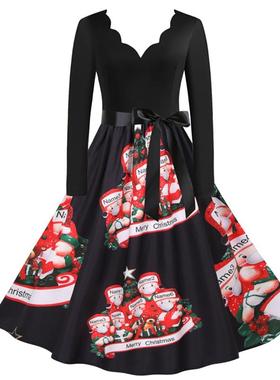 C6010 外贸工厂圣诞赫本复古女装冬季烧花V领长袖印花大摆连衣裙
