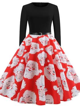 L9228 跨境圣诞节复古大码女装秋冬季圆领长袖撞色印花大摆连衣裙