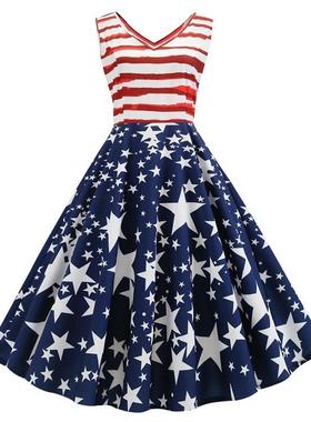 C036 跨境美国独立日复古女装欧美V领无袖条纹星星印花大摆连衣裙