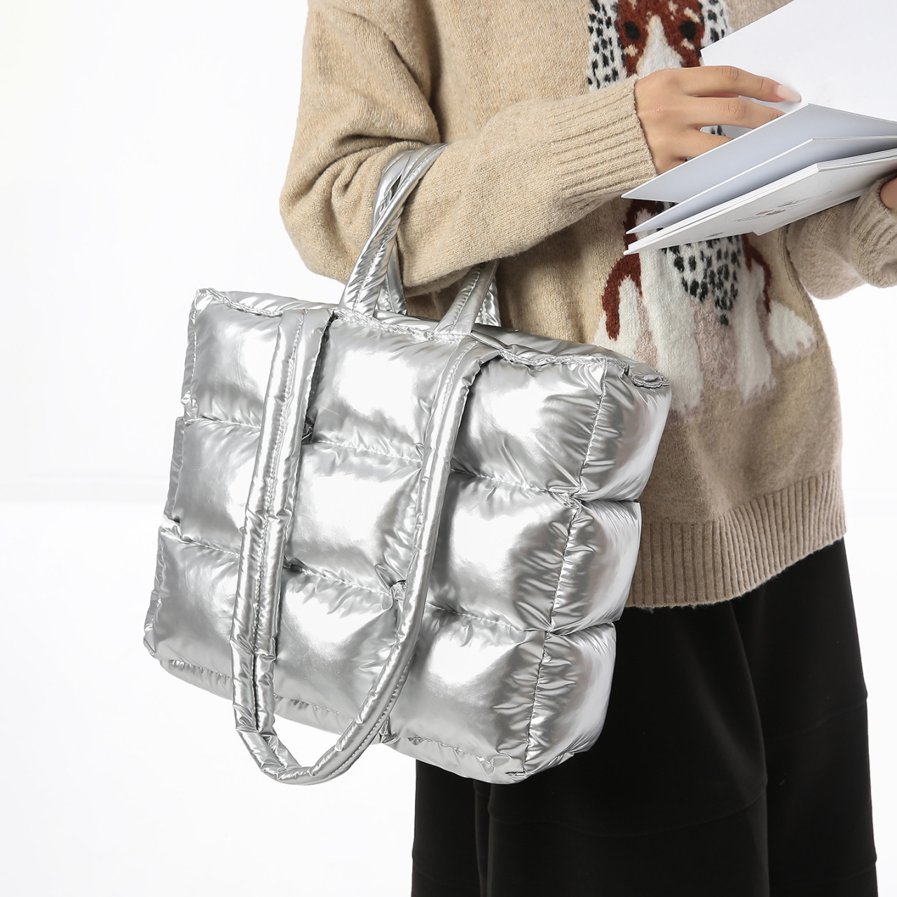 金玉鸟新款太空羽绒包包亮面格子棉服时尚大容量单肩腋下包手提包