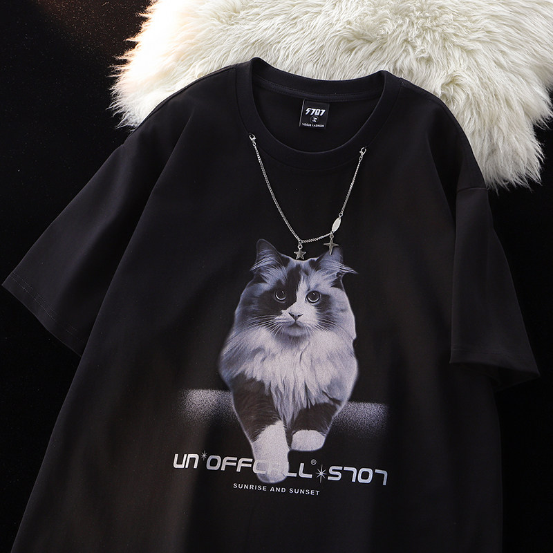 （260克双纱纯棉）美式猫咪印花宽松潮牌短袖T恤1015-T500-P50,男装T恤,四季星座1015