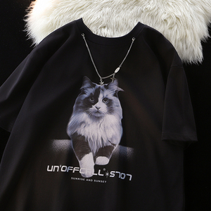（数据款）260克双纱美式小猫印花潮牌情侣短袖t恤 1015-T500-P50图片