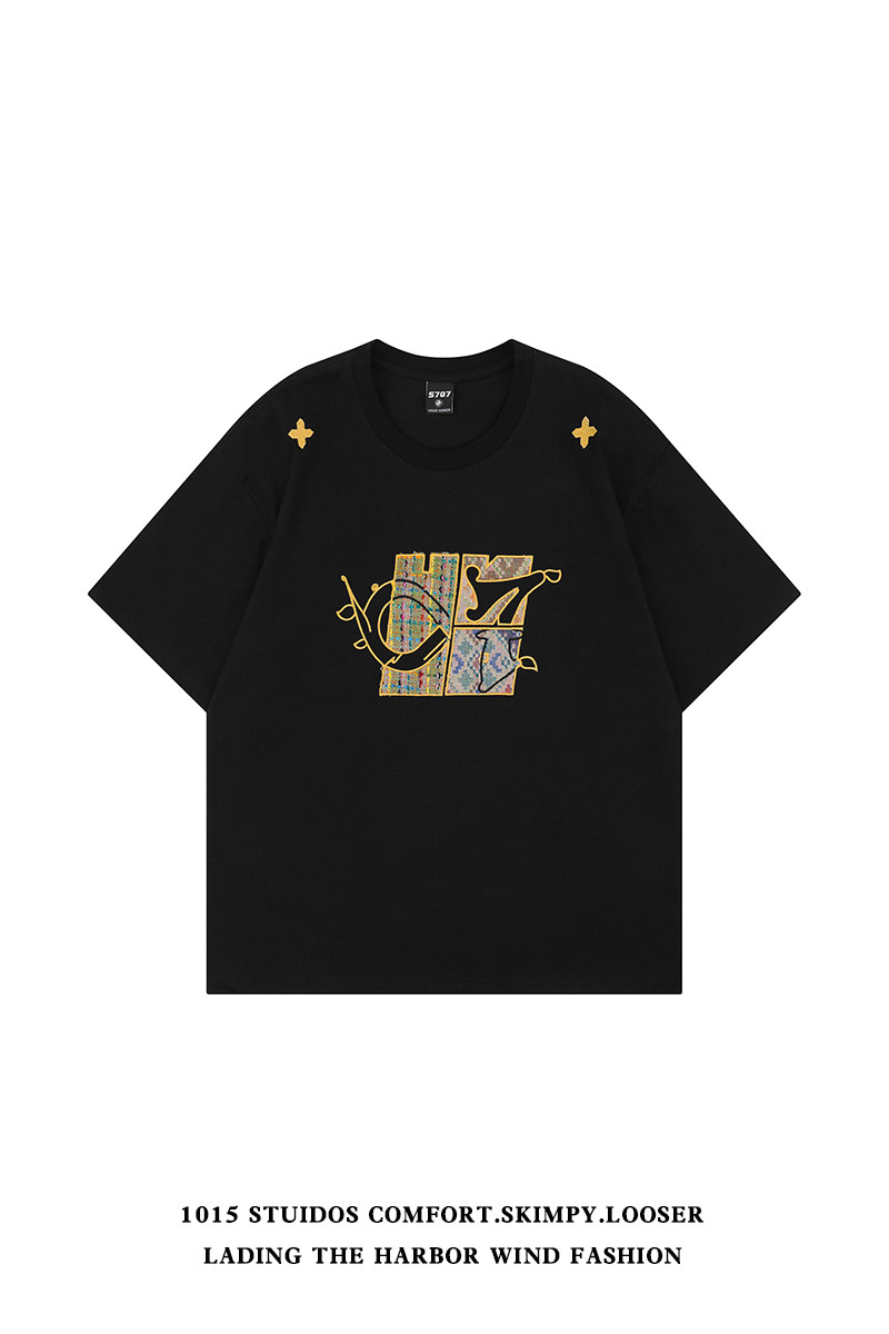 原创设计重工彩色字母刺绣短袖t恤美式潮牌半截袖1015-T481-P50,男装T恤,四季星座1015