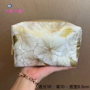 雅诗兰黛新款白金荷花烫金PU化妆包零钱包 便携手拿包收纳包