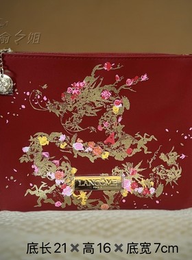 新款兰蔻酒红色龙年新春金色印花高档PU化妆包大容量手拿包收纳